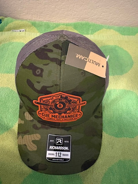 Cue Mechanics Tactical 8-Ball Richardson 112PT Printed Trucker Hat – Tropic Camo/Loden Ripstop Snapback Leather Patch Cap