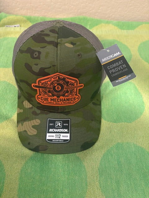 Cue Mechanics Tactical 8-Ball Richardson 112PT Printed Trucker Hat – Tropic Camo/Loden Ripstop Snapback Leather Patch Cap