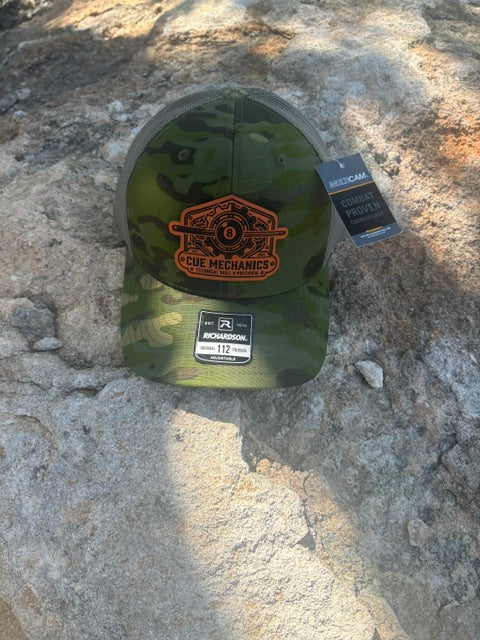 Cue Mechanics Tactical 8-Ball Richardson 112PT Printed Trucker Hat – Tropic Camo/Loden Ripstop Snapback Leather Patch Cap