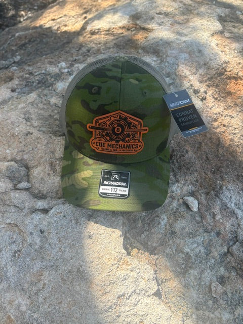 Cue Mechanics Tactical 8-Ball Richardson 112PT Printed Trucker Hat – Tropic Camo/Loden Ripstop Snapback Leather Patch Cap