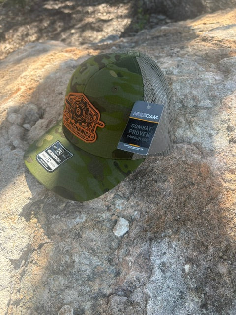 Cue Mechanics Tactical 8-Ball Richardson 112PT Printed Trucker Hat – Tropic Camo/Loden Ripstop Snapback Leather Patch Cap
