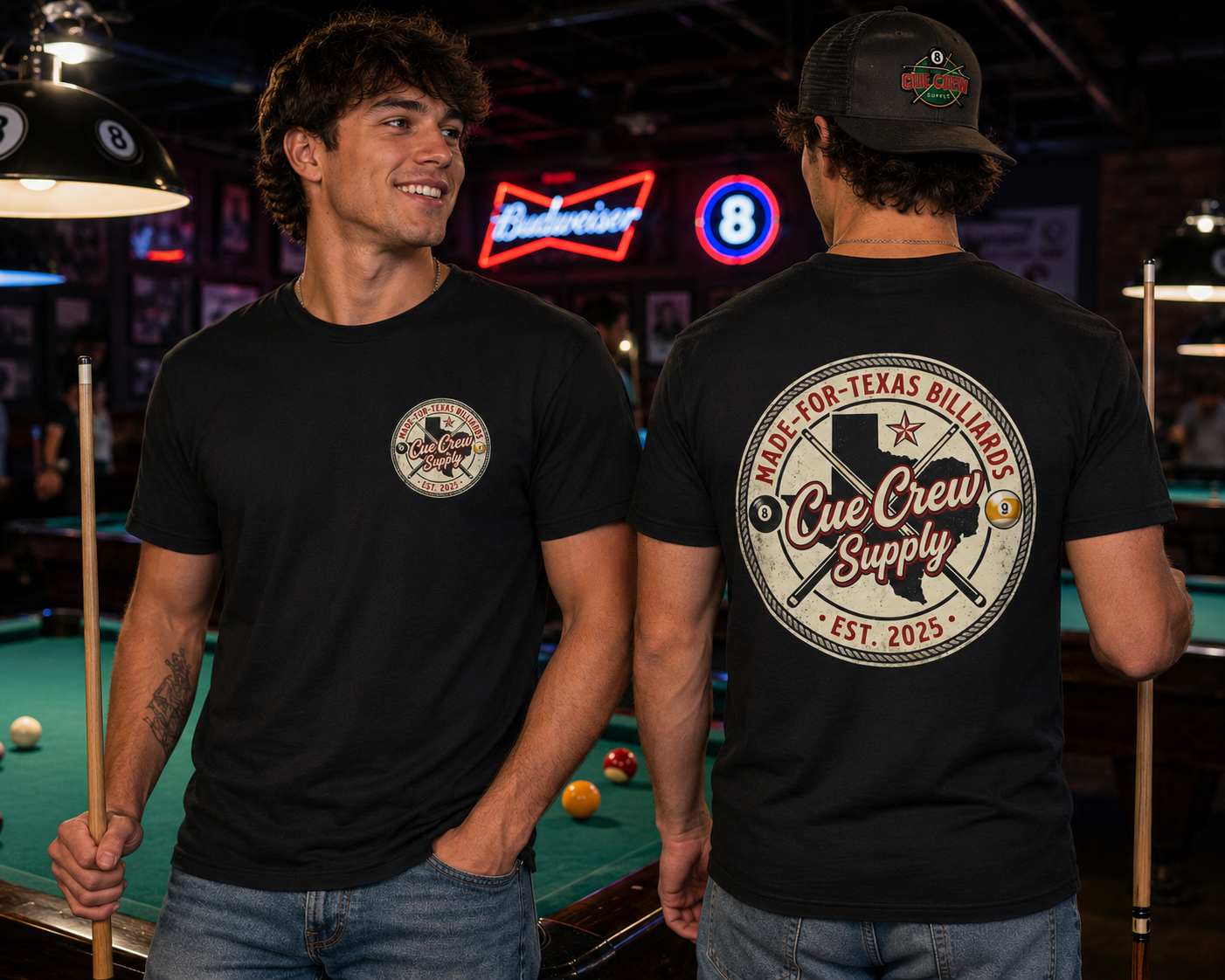 Made for Texas Billiards V2 Pool Player T-Shirt | Vintage Cue Crew Supply Texas Graphic Tee | Front & Back Print