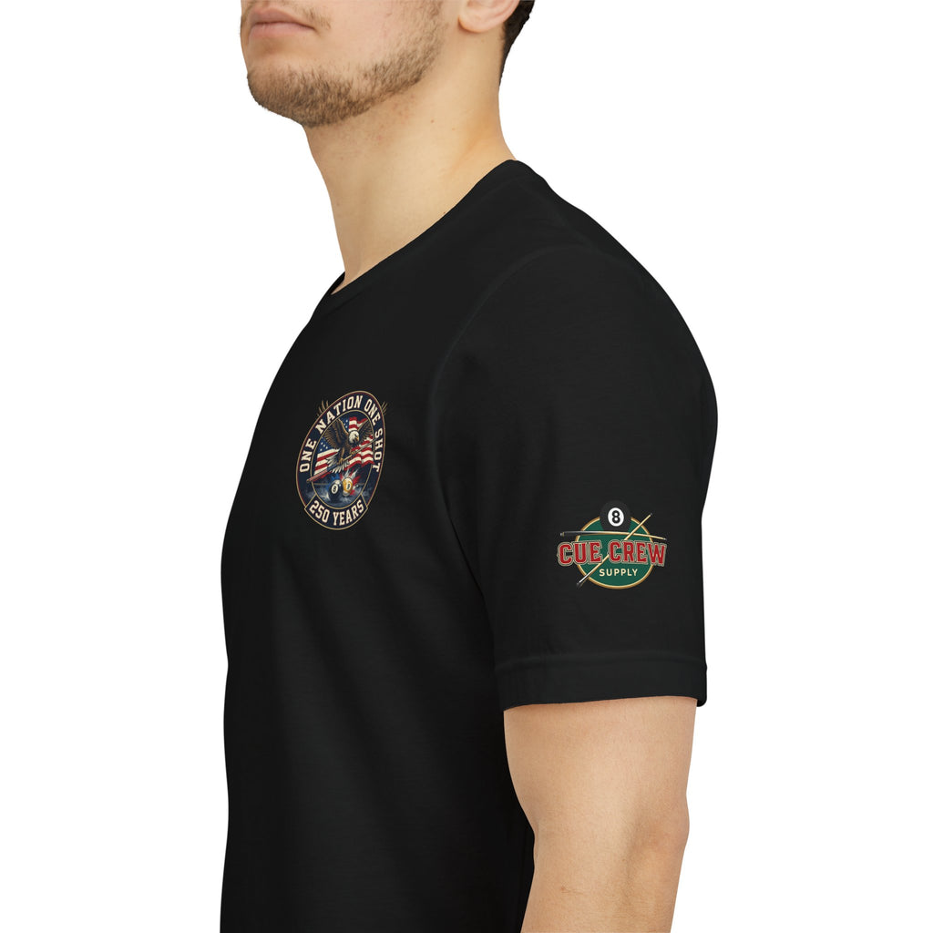 One Nation One Shot – 250 Years Patriotic Billiards T-Shirt | Eagle & American Flag Pool Tee
