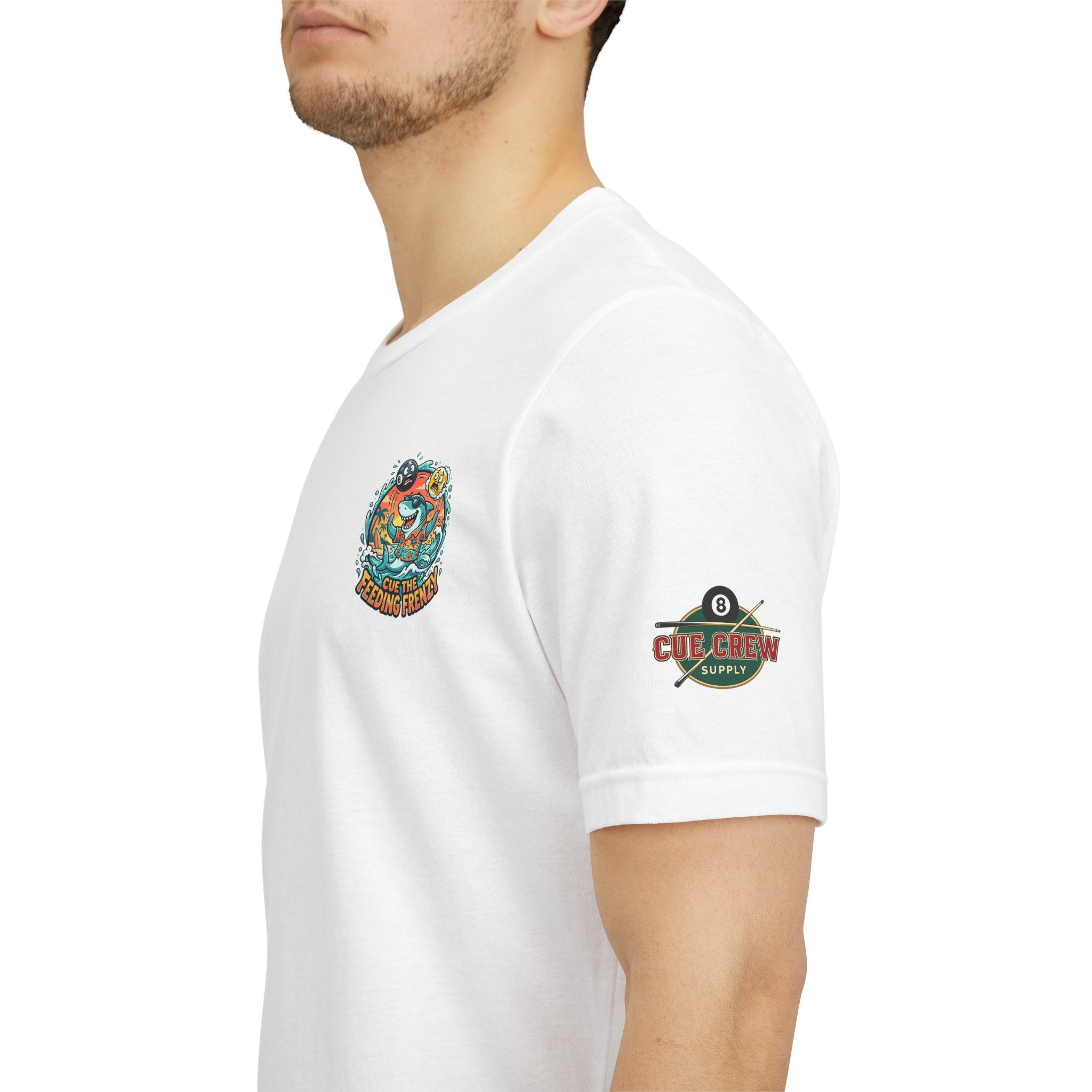 Cue the Feeding Frenzy Shark Billiards T-Shirt | Funny Pool Player Beach Graphic Tee