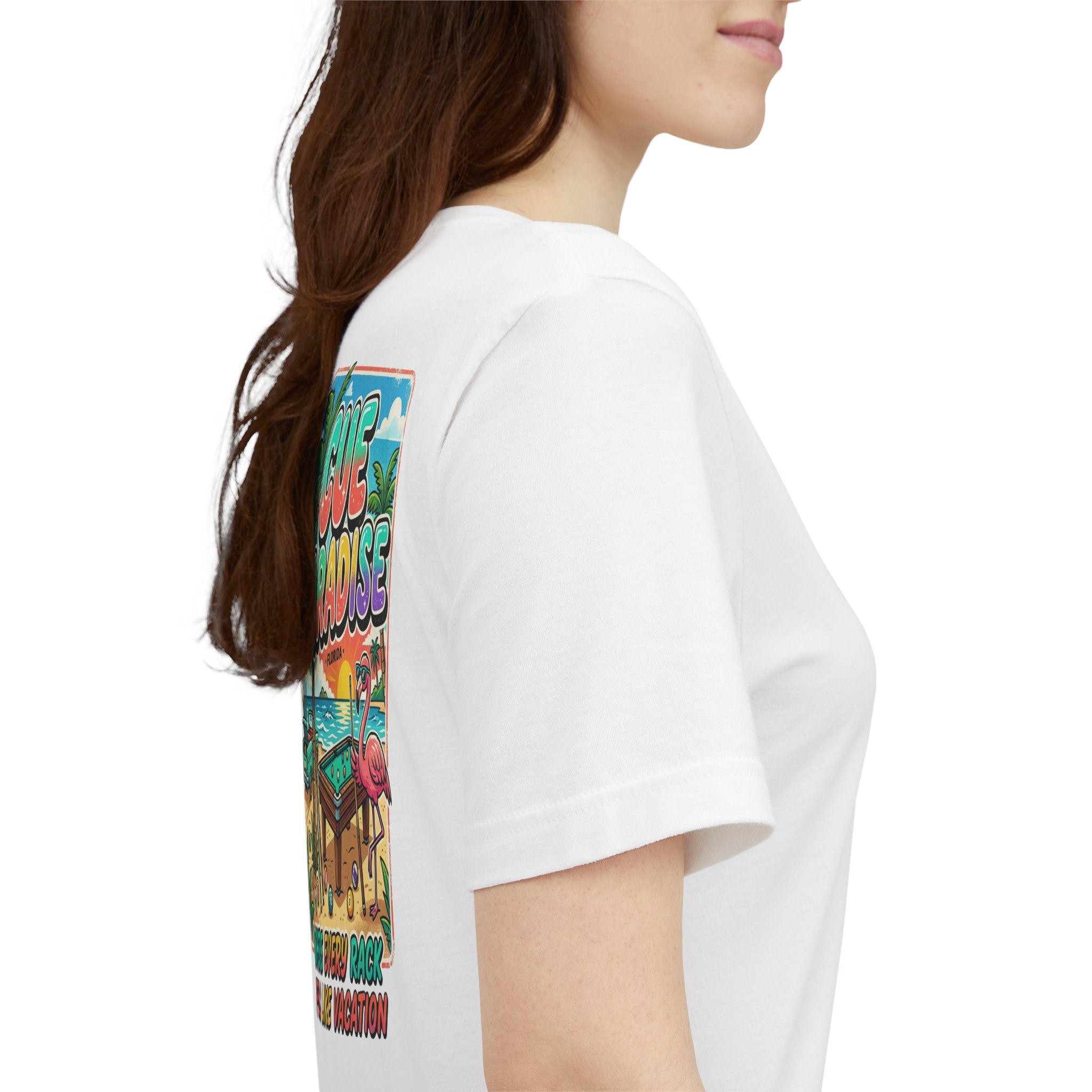 Cue Paradise Florida Pool Player T-Shirt | Tropical Beach Billiards Graphic Tee | Front & Back Print | Cue Crew Supply