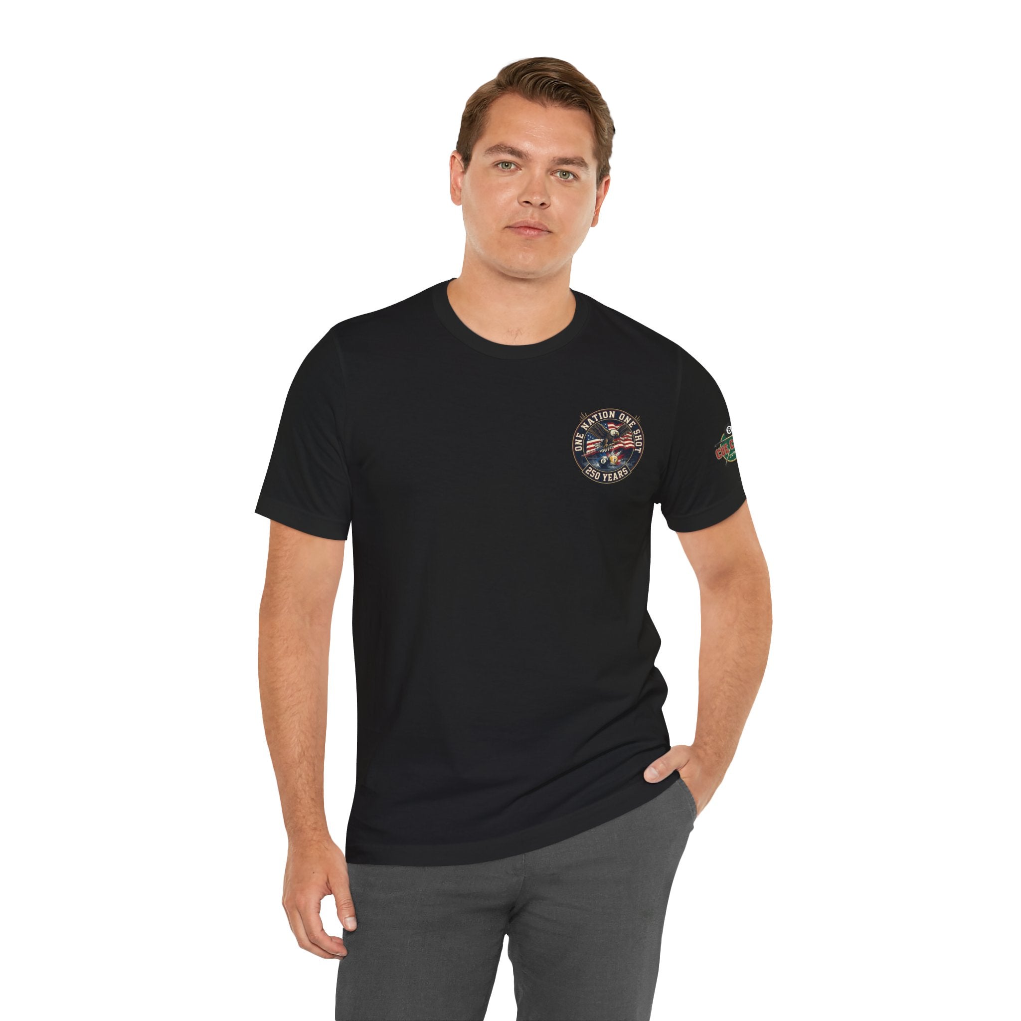 One Nation One Shot – 250 Years Patriotic Billiards T-Shirt | Eagle & American Flag Pool Tee