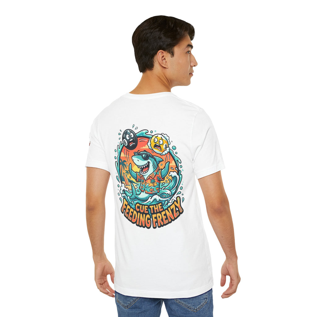 Cue the Feeding Frenzy Shark Billiards T-Shirt | Funny Pool Player Beach Graphic Tee
