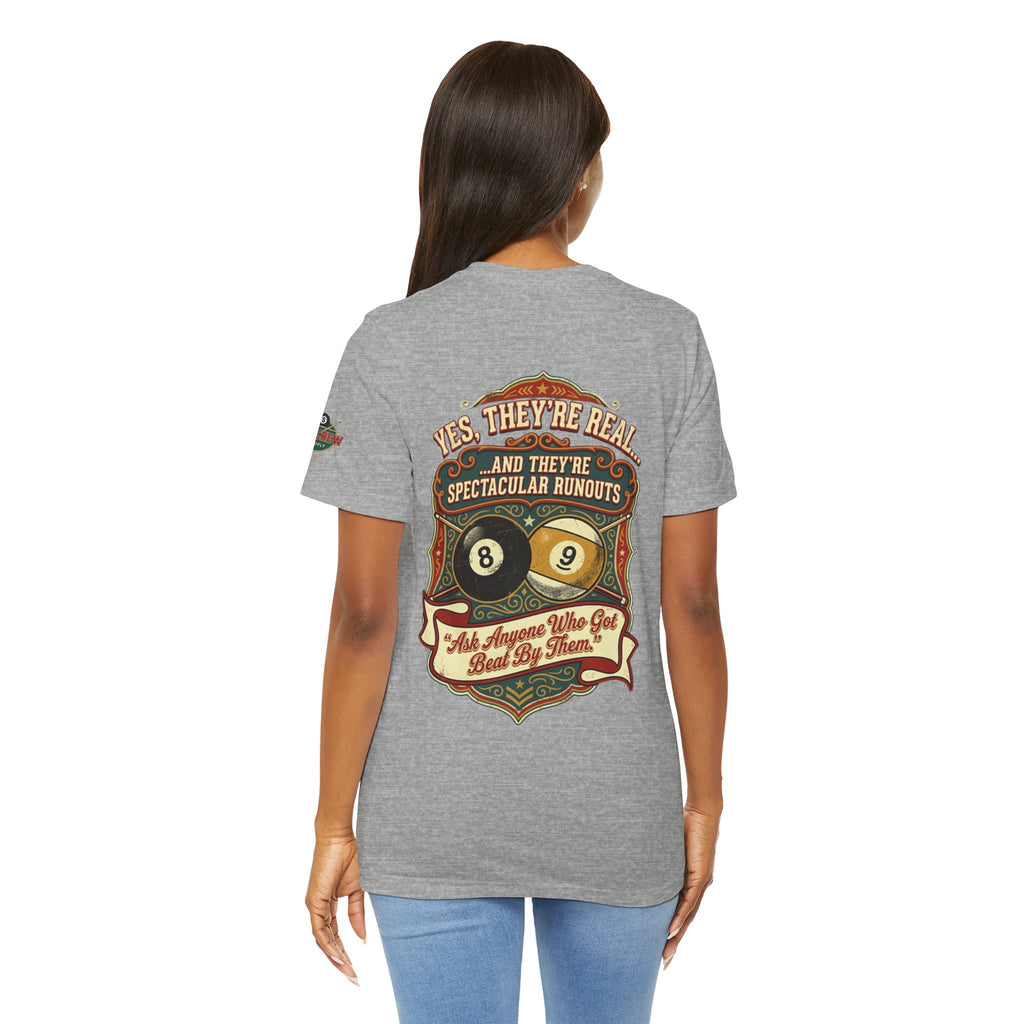 Yes, They're Real... Spectacular Runouts Pool Player T-Shirt | Funny Billiards Graphic Tee with Front & Back Print | Cue Crew Supply