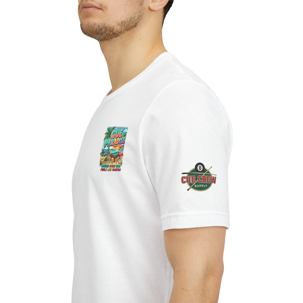 Cue Paradise Florida Pool Player T-Shirt | Tropical Beach Billiards Graphic Tee | Front & Back Print | Cue Crew Supply