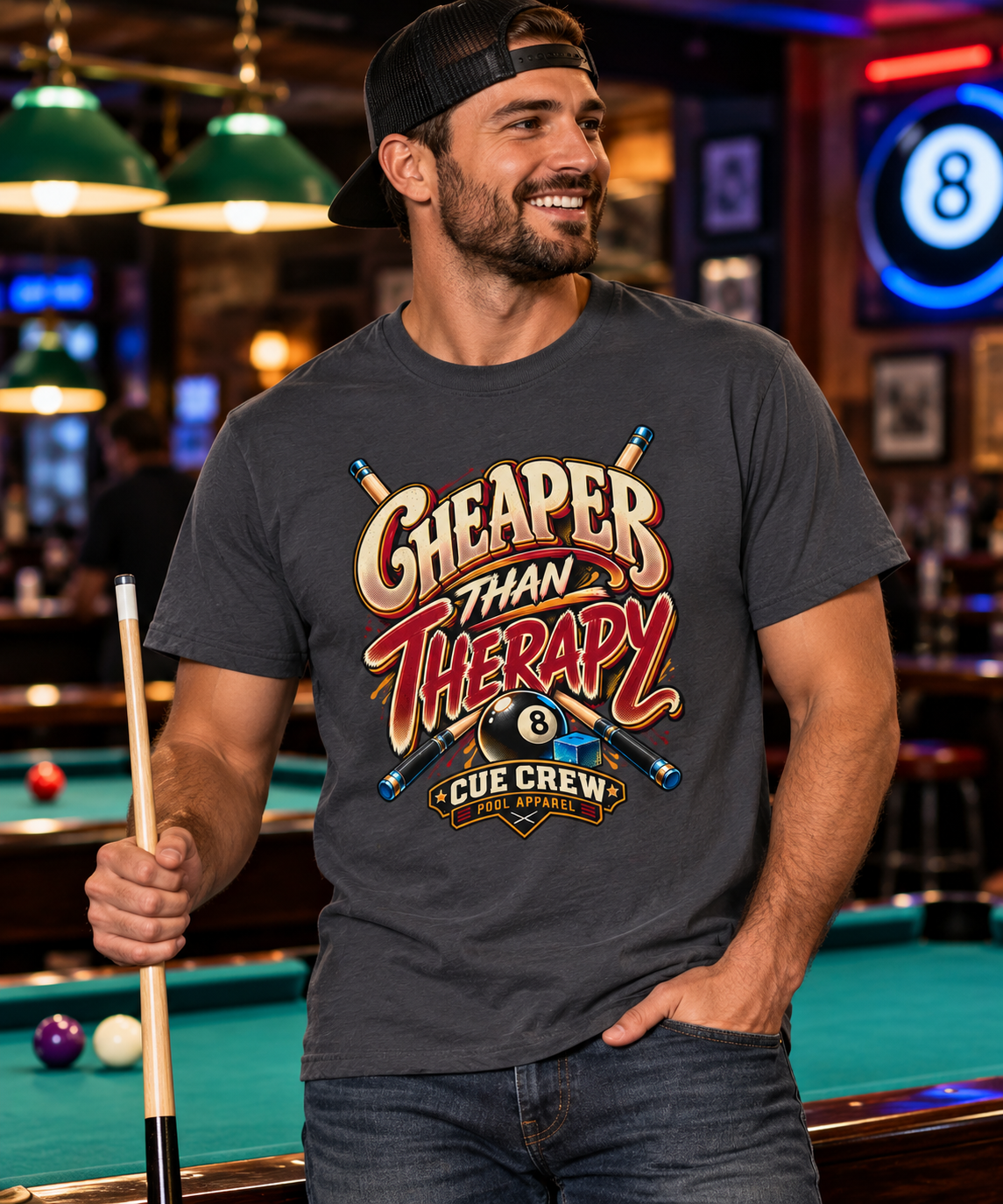 Cheaper Than Therapy Funny Pool Player T-Shirt | Essentials Series | CCS-EST-008