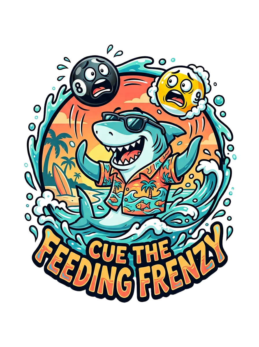 Cue the Feeding Frenzy Shark Billiards T-Shirt | Funny Pool Player Beach Graphic Tee