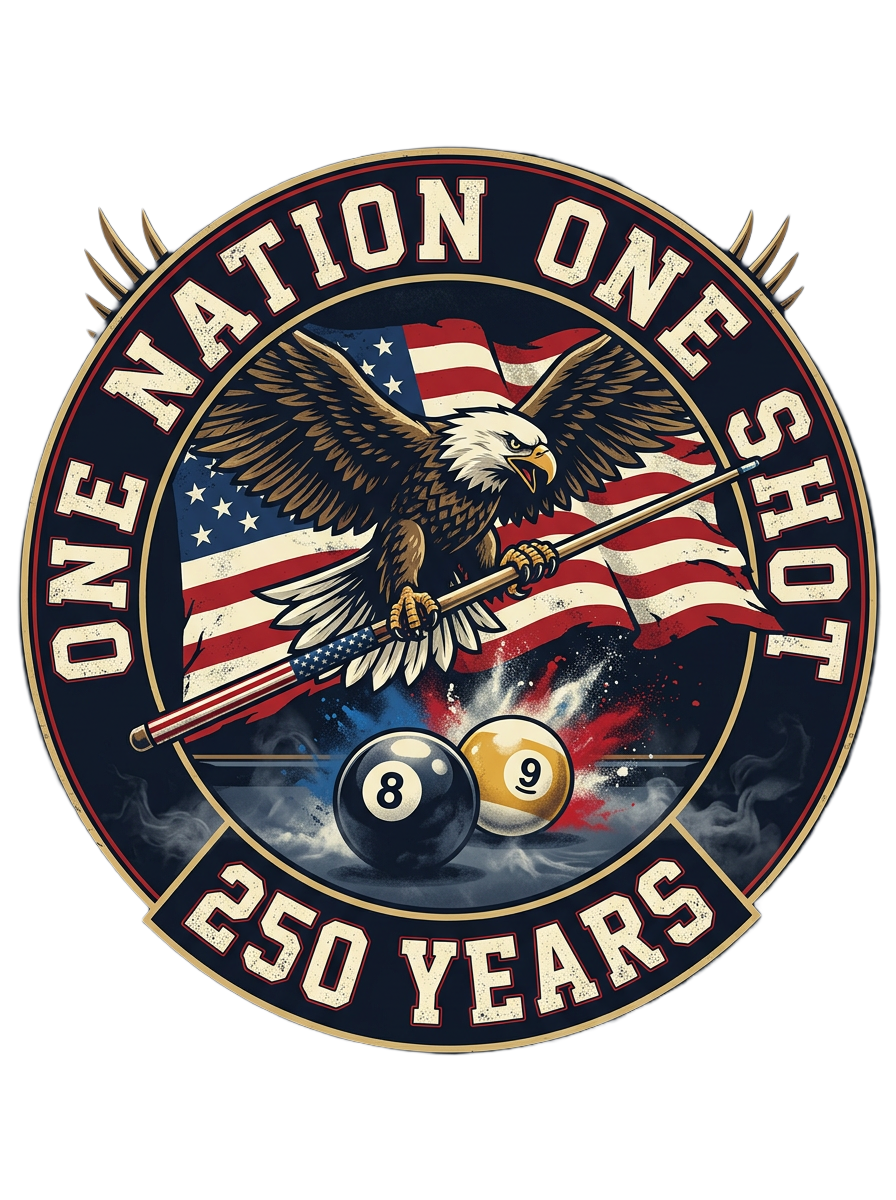 One Nation One Shot – 250 Years Patriotic Billiards T-Shirt | Eagle & American Flag Pool Tee
