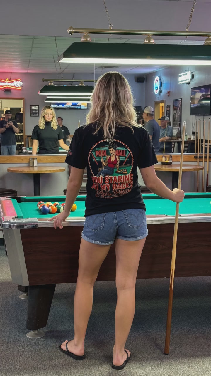 You Staring at My Rack? Let's Play! Retro Pin-Up Pool Hall Billiards Graphic T-Shirt