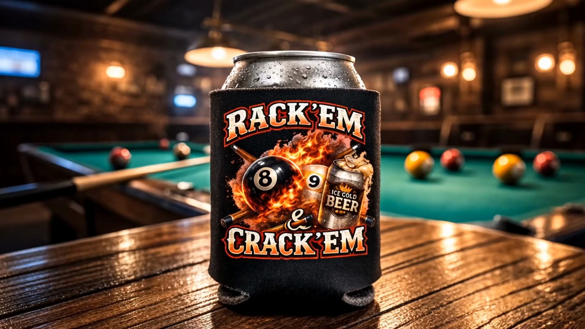 Rack 'Em & Crack 'Em Billiards Player Koozie - 12oz Can Cooler (Quantity Options Available)