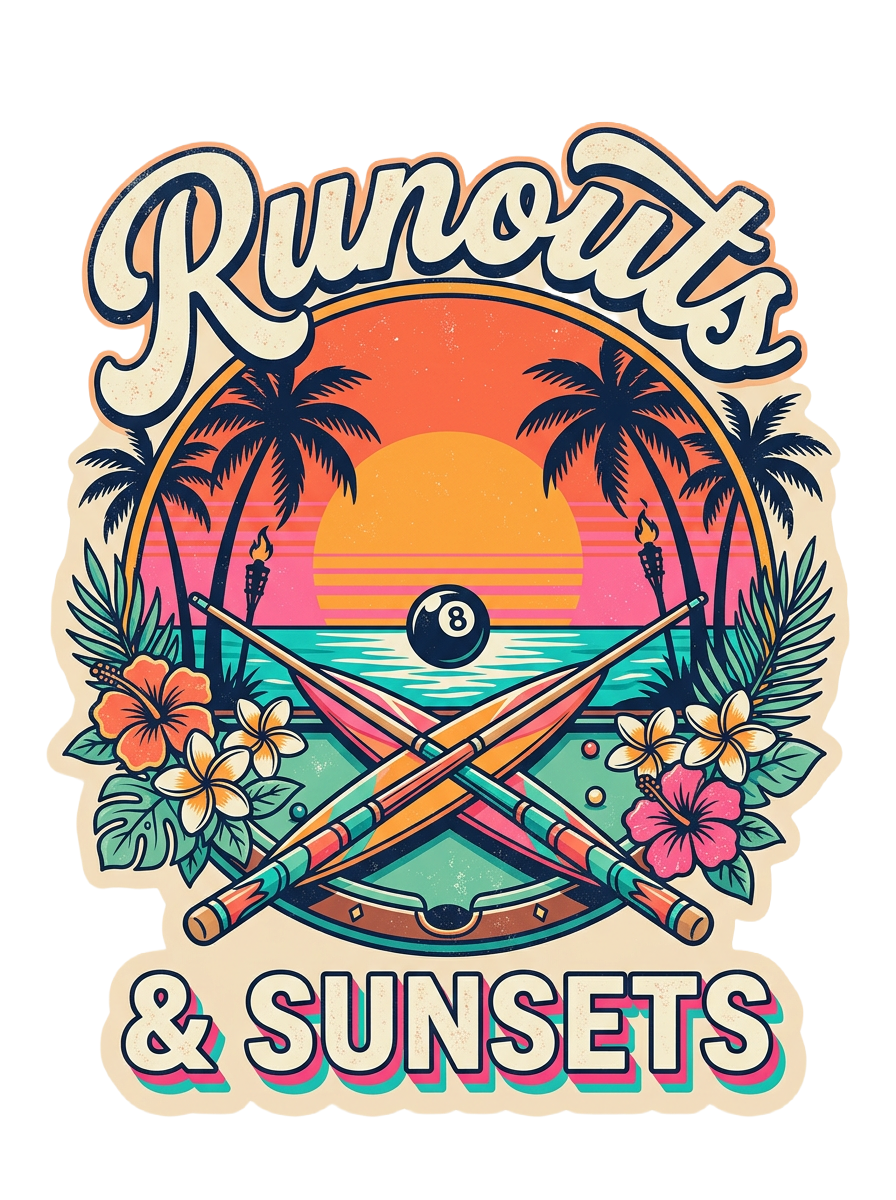 Runouts & Sunsets Pool Player T-Shirt – Tropical Billiards Graphic Tee with Front & Back Print | Cue Crew Supply