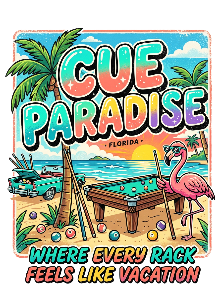 Cue Paradise Florida Pool Player T-Shirt | Tropical Beach Billiards Graphic Tee | Front & Back Print | Cue Crew Supply